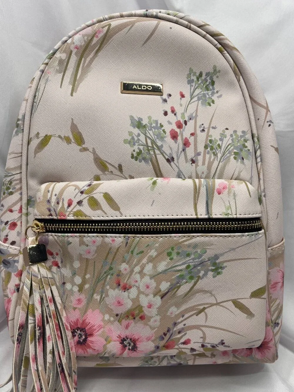 ALDO Floral Backpack Gold Chain Straps Tassel Pink Botanical Purse